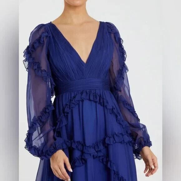 Mac Duggal 68223 Cascaded Ruffle Bishop Puff Sleeve A Line Gown Blue Sz 10 NEW - Picture 2 of 9